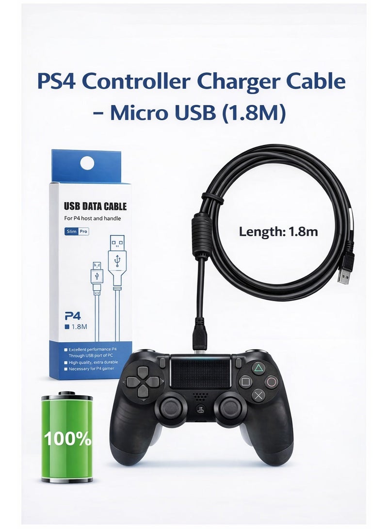 كابل شحن وحدة تحكم PS4 بطول 1.8 متر، كابل بيانات USB لجهاز PS4 الرئيسي ووحدة التحكم - Image 1